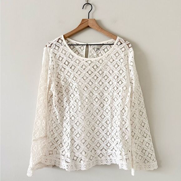 a new day Tops - A New Day Long Flare Sleeve Sheer Shirt Lace Top in White Size XXL